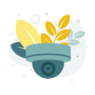 Güvenlik kamerası. Yaprakların ve teçhizatların arka planında bir CCTV kamerasının vektör illüstrasyonu