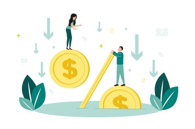 Mali işler. Varsayılan vektör ilülasyonu. Dolarlı yüzde işareti suda boğulmak, insanlar bozuk paraların üzerinde duruyorlar, aşağı ok etrafında, bir bitkinin arka planına karşı, sayılar