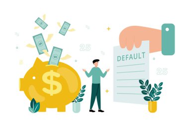 Mali işler. Varsayılan vektör ilülasyonu. Adam kollarını açıyor, önünde yazılı bir belge var, arkasında da banknotlar uçuşan bir kumbara.