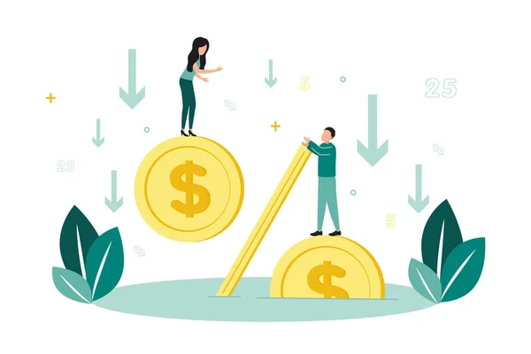 Mali işler. Varsayılan vektör ilülasyonu. Dolarlı yüzde işareti suda boğulmak, insanlar bozuk paraların üzerinde duruyorlar, aşağı ok etrafında, bir bitkinin arka planına karşı, sayılar