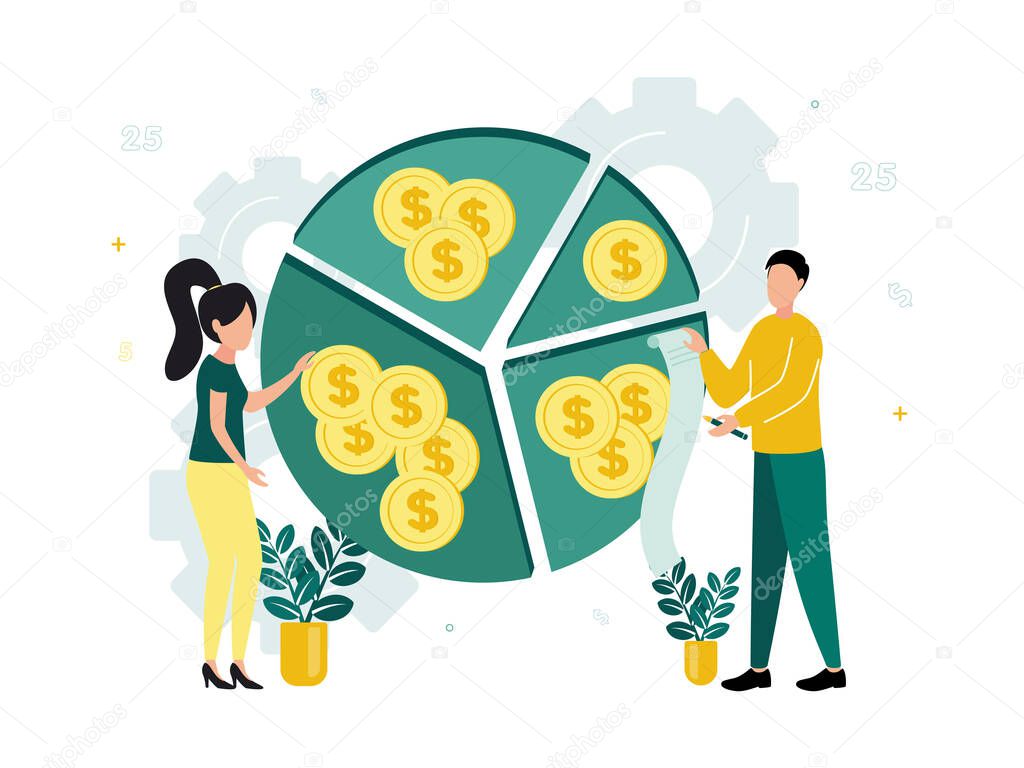 Finance. Vector illustration of econometrics. A woman makes calculations, a man writes them down next to a pie chart, in each segment of which there are dollar coins, against the background of a gear