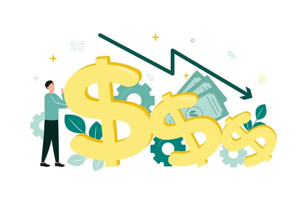 Finanza. Illustrazione vettoriale dell'inflazione. Un uomo detiene segni di dollaro in caduta, su cui una freccia rivolta verso il basso, sullo sfondo di ingranaggi, banconote, foglie, numeri — Vettoriale Stock
