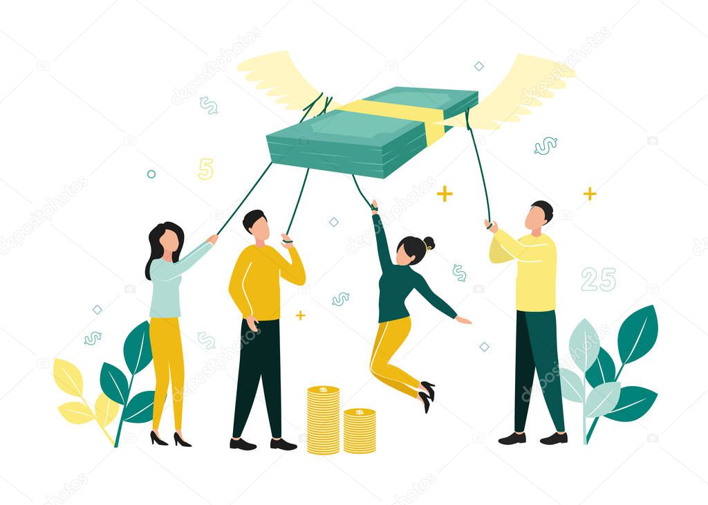 Finance. Vector illustration of inflation. Men and women hold a stack of notes with ropes, which fly up on their wings, next to stacks of coins, branches with leaves, dollar signs, numbers