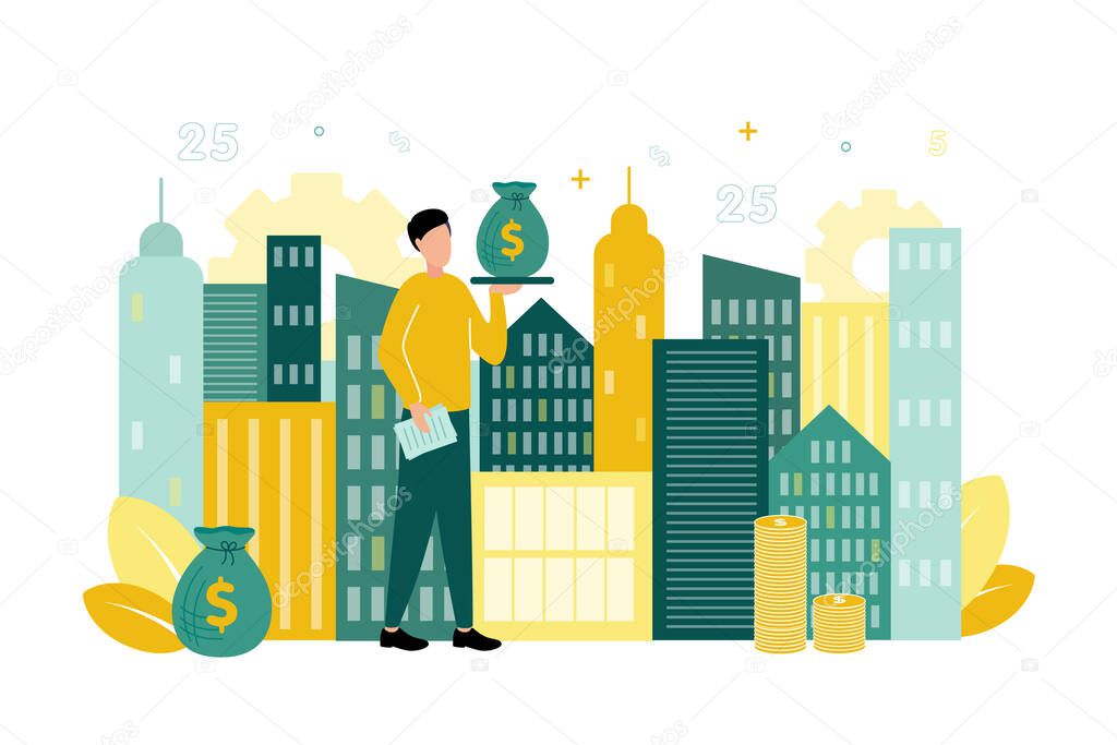 Finance. Vector illustration of financial management. A man with documents and a tray in his hands, on which a money bag, against the background of office buildings, stacks of coins, gears
