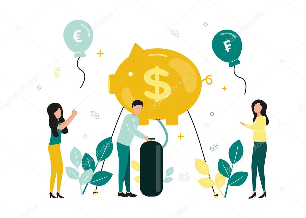 Finance. Vector illustration of inflation. A man inflates a piggy bank with a dollar sign, to the right and left of him, women catch flying balls with currency signs, numbers, plants
