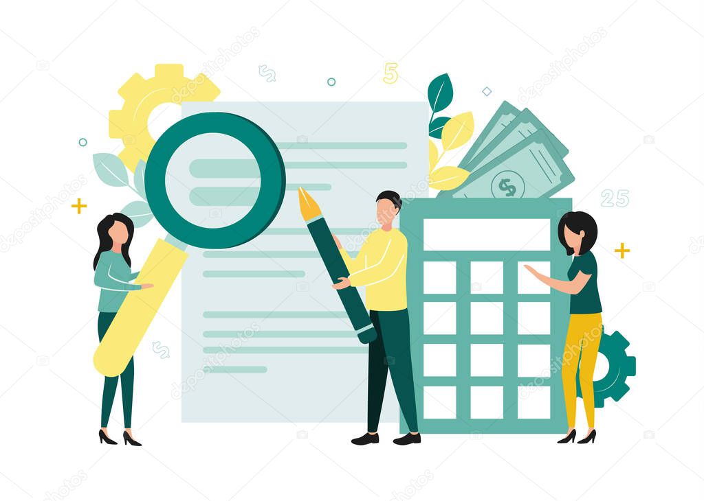 Finance. Vector audit illustration. Near the document, a woman stands with a magnifying glass in her hands, a man with a pen, next to stacks of coins, a calculator, gears, branches with leaves