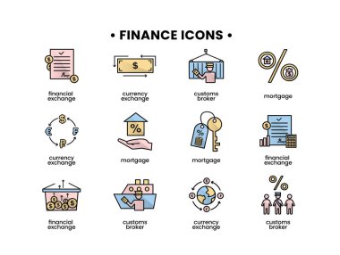Finans simgeleri ayarlandı. Gümrük komisyoncusunun vektör illüstrasyonu, ipotek, mali takas, döviz kuru simgeleri.