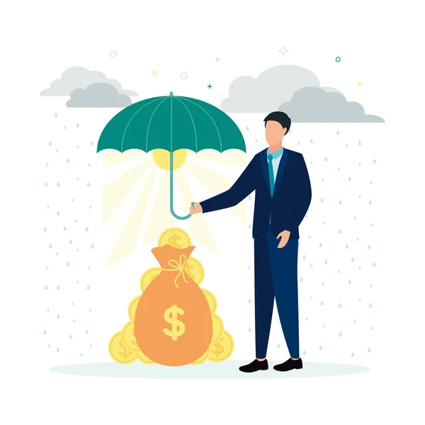 Finance Assurance Illustration Vectorielle Homme Tient Parapluie Sur Sac Argent — Image vectorielle