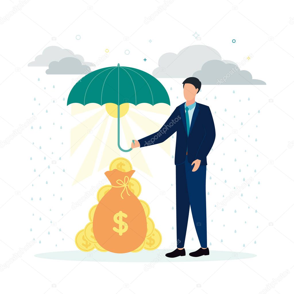 Finance. Vector illustration insurance. A man holds an umbrella over a money bag with coins, against a background of gray clouds and rain, under an umbrella the sun with rays.