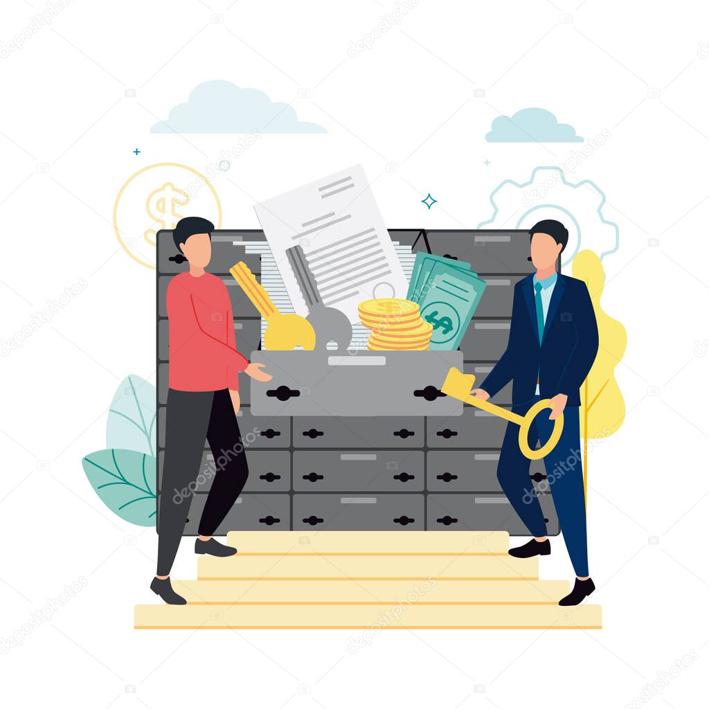 Finance. Vector illustration of trust, fiduciary services. People on the stairs stand near bank cells, one man holds a key, documents, keys, coins, bills in the open cell.