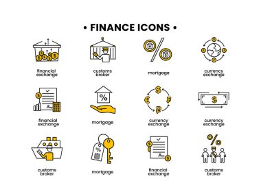 Finans simgeleri ayarlandı. Gümrük komisyoncusunun vektör illüstrasyonu, ipotek, mali takas, döviz kuru simgeleri.