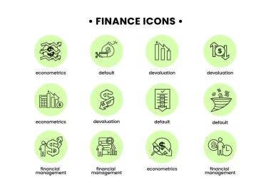 Finans simgeleri ayarlandı. Finansal yönetim, ekonomi, devalüasyon, varsayılan. Bir dolar işareti, yanında bir adamın silueti, arkasından da yukarı ok.