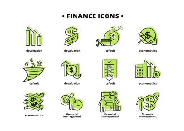 Finans simgeleri ayarlandı. Finansal yönetim, ekonomi, devalüasyon, varsayılan. Bir dolar işareti, yanında bir adamın silueti, arkasından da yukarı ok..