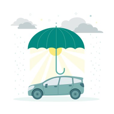 Mali işler. Vektör illüstrasyon sigortası. Şemsiye arabanın üstünde, güneş şemsiyenin altında, bulutların etrafında, yağmur.