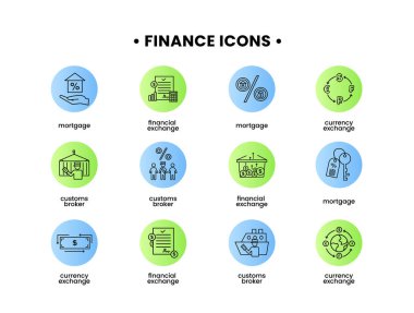 Finans simgeleri ayarlandı. Gümrük komisyoncusunun vektör illüstrasyonu, ipotek, mali takas, döviz kuru simgeleri