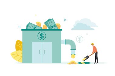 Banknotları ve para yığınlarıyla dolu bir banka binasının vektör illüstrasyonunda bozuk paraların döküldüğü bir boru var. Kasklı bir adam bunları kürekle topluyor.