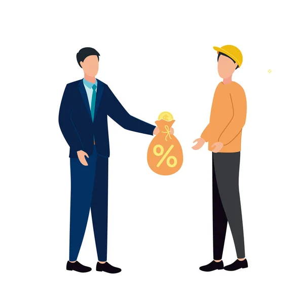 Ilustración vectorial de un hombre en un traje de negocios da una bolsa de dinero con un signo de porcentaje a un hombre en un casco — Vector de stock
