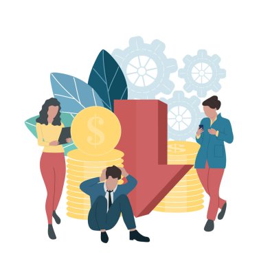Vector illustration of default. A man sits clutching his head, followed by an arrow downward, near which are stacks of dollar coins, women with a tablet and a phone in their hands. clipart