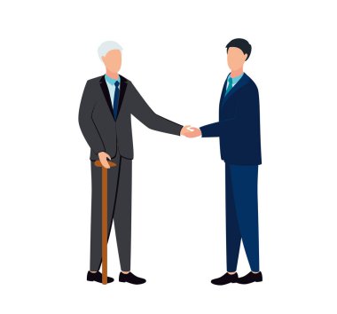 Bastonlu yaşlı bir adamın vektör çizimi bir adamla tokalaşıyor.