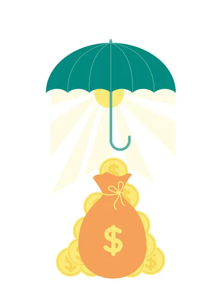 太陽の下での傘のベクトルイラスト ドル記号付きのお金バッグ コイン — ストックベクタ