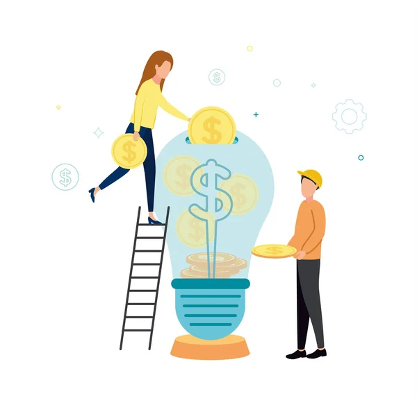 Ilustração vetorial uma mulher de pé em uma escada lança moedas em uma lâmpada com um sinal de dólar, ao lado de um homem de chapéu duro segura uma moeda — Vetor de Stock