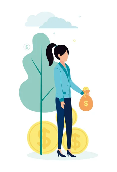 Vektorová Ilustrace Ženy Držící Tašku Peníze Pozadí Mincí Stromu Mraků — Stockový vektor