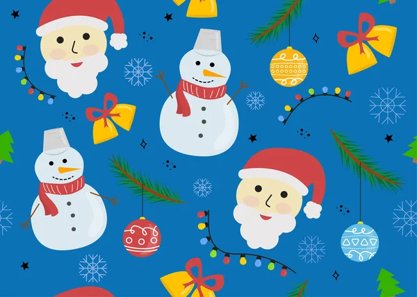Векторная Иллюстрация Новогоднего Рождественского Бесшовного Рисунка Санта Клаусом Снеговиком Колокольчиком — стоковый вектор