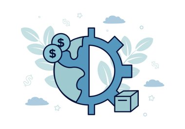 Finance. Vector illustration of forfaiting. Icons of the planet and gears in half, on the sides of the dollar coins and box, against the background of a plant, clouds, stars, dollar signs. clipart