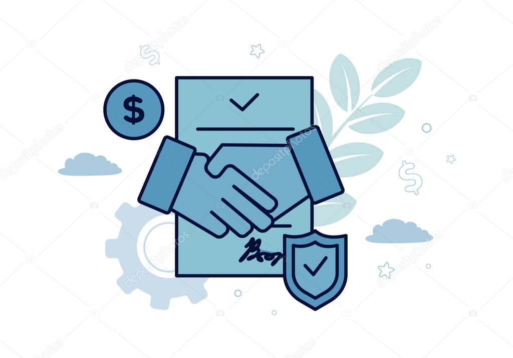 Finance. Vector illustration of forfaiting. Against the background of the document, a handshake, on the sides a dollar coin, a sign of protection, against the background of a gear wheel, leaves, cloud.