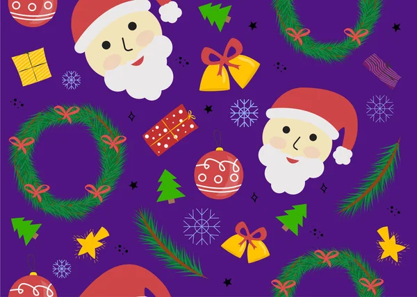 Векторная Иллюстрация Новогоднего Рождественского Бесшовного Рисунка Санта Клаусом Колокольчиком Подарком — стоковый вектор