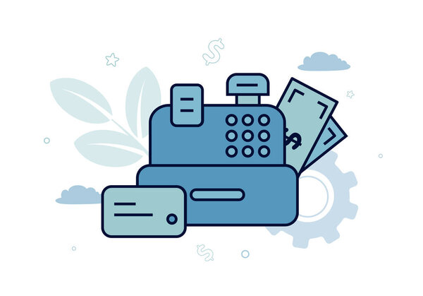Финансы. Векторная иллюстрация расчетных операций. Кассовый аппарат, векселя и карточка рядом с ним, на фоне шестеренки, растения, облаков.