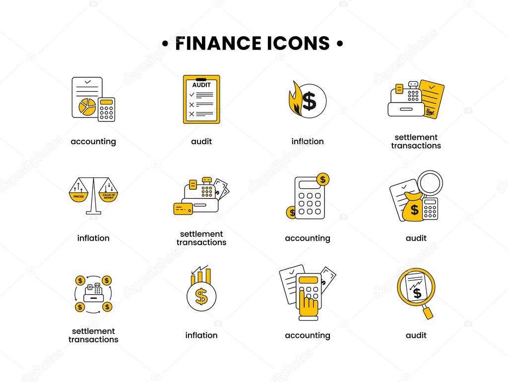 Finance. Vector illustration set of icons of settlement operations, accounting, inflation, audit.