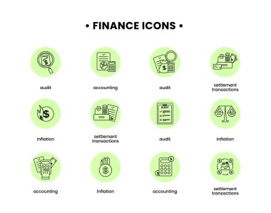 Mali işler. Anlaşma işlemleri, muhasebe, enflasyon ve denetim simgelerinin vektör ilülasyonu.