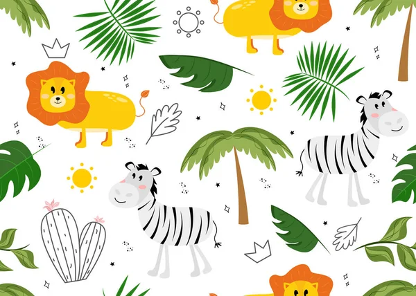 Seamless Pattern Zebra Lion Vector Illustration Animals Zebra Lion Leaves — Stock Vector