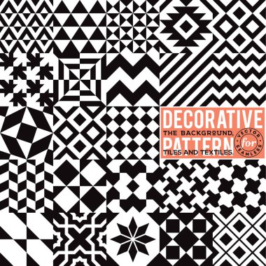 Arka plan, fayans ve Tekstil için dekoratif desen. Modüler parçalardan monte edilir. Vektör. Sorunsuz. Ayarlayın. Siyah ve beyaz. İskandinav.