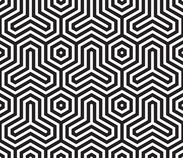 Altıgen. Arka plan, fayans ve Tekstil için dekoratif desen. Modüler parçalardan monte edilir. Vektör. Sorunsuz. Siyah ve beyaz. 