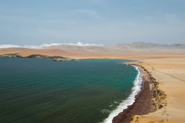 Doğal rezerv Paracas, Peru. Mavi gökyüzü, yeşil deniz, sarı kayalıklarla, çöl ve okyanus