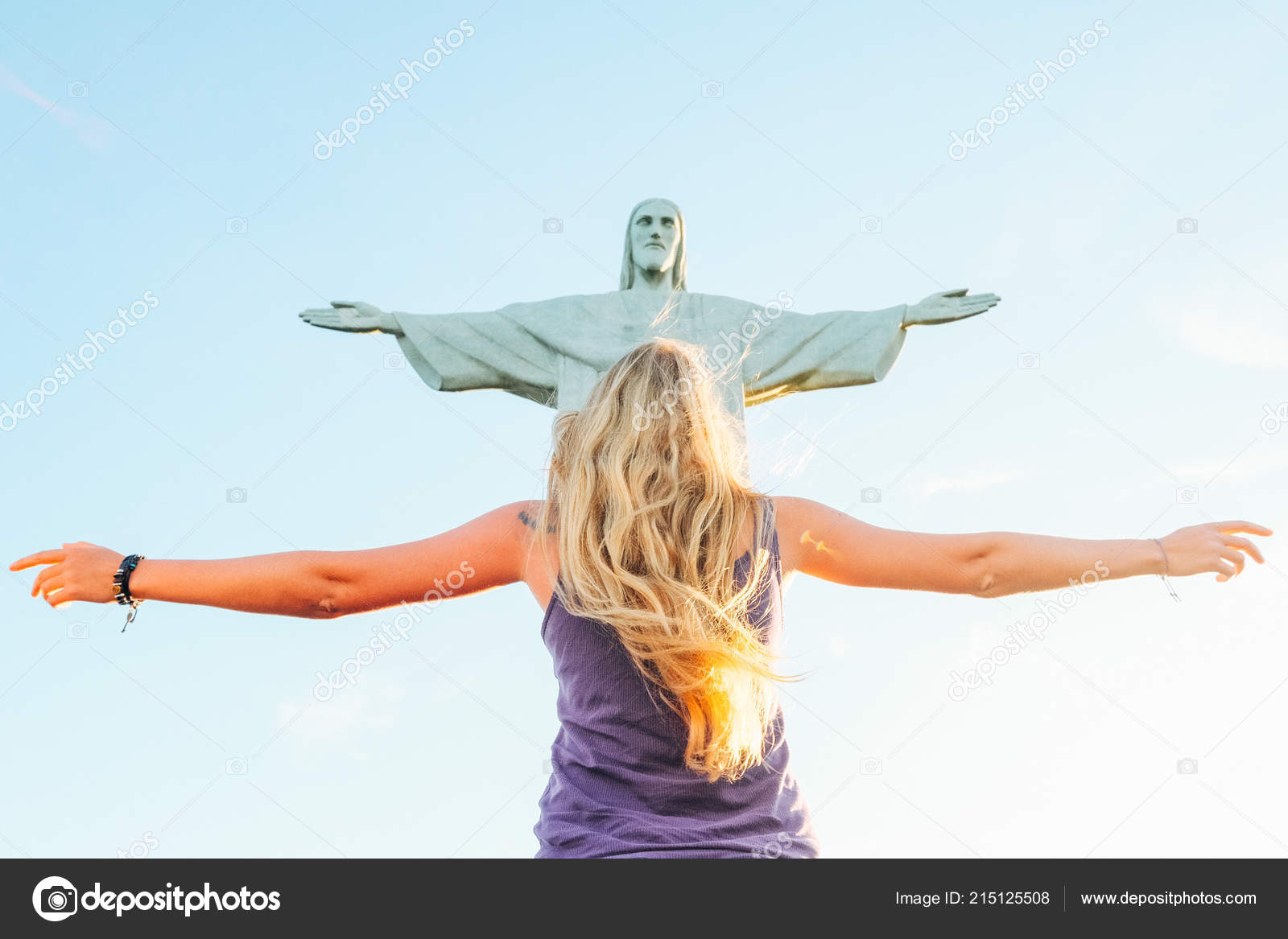 Blonde Girl Hugging Jesus Brazil Rio Janeiro Statue Jesus Girl
