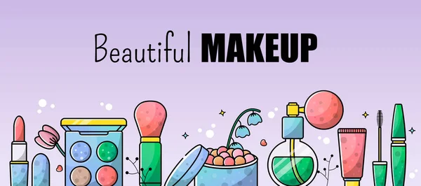 Accessories set for a beautiful make-up. Mascara, foundation, eye shadow, lipstick. Vector banner for a site with isolated objects and place for text. — Stock Vector