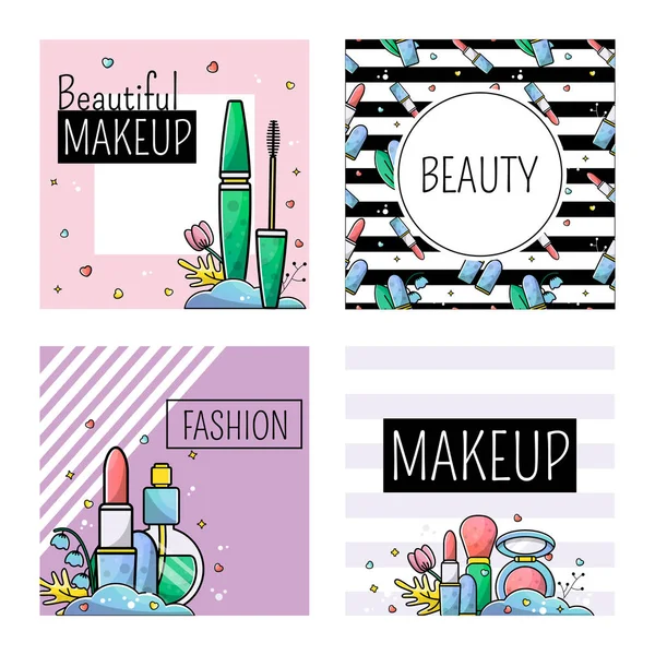 A set of templates for the post in instagram, sicial media. Perfect makeup accessories, cosmetics. Lipstick, mascara, powder. Striped background. Vector banners — Stock Vector