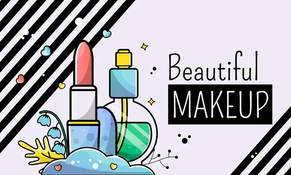 Ilustración vectorial en un estilo lineal para un salón de belleza. Lápiz labial de coral y perfume para un hermoso maquillaje. Banner con rayas para sitio web . — Vector de stock