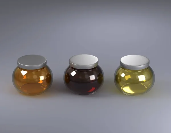 3杯蜂蜜瓶3D — 图库照片