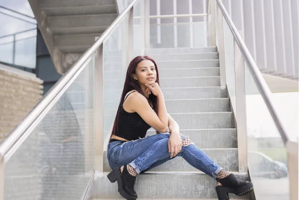 Girl Sitting Stairs Fashion Pose — Stock Photo, Image