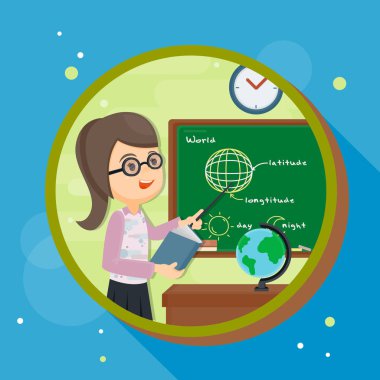 Öğretmen karakter holding işaretçi el karikatür. Sınıf içi eğitim öğeleri. Düz vektör tasarımı