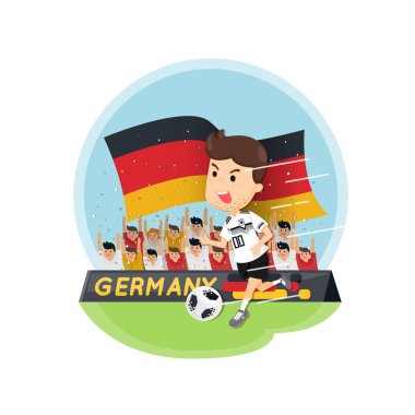 Futbol hayranları arka plan ile Almanya'nın futbol oyuncu karakter karikatür. Düz vektör tasarımı