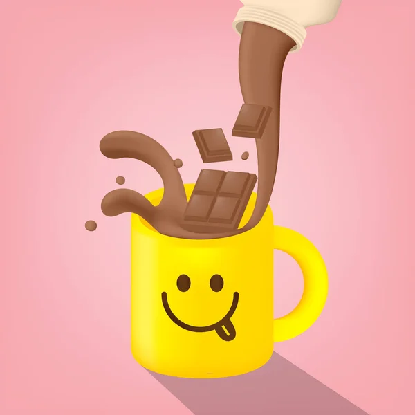 Ilustración Vectorial Salpicadura Leche Chocolate Taza Amarilla — Vector de stock