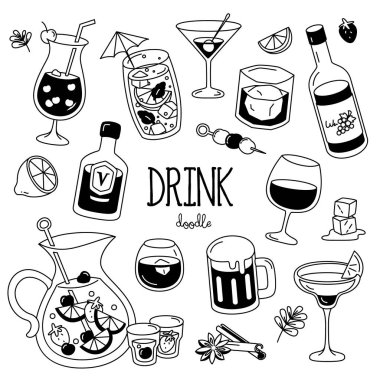Kokteyl doodle. İçki el çizim stilleri.