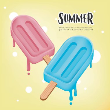 Yaz vektör poster, sarı zemin üzerine iki dondurma çubuğu eriyor