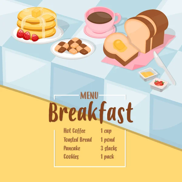 Frühstück Cartoon Vorlage Mit Pfannkuchen Toast Keksen Und Heißem Kaffee — Stockvektor