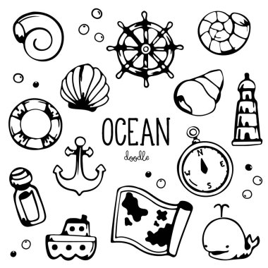 Okyanus öğeleri doodle. El çizimi deniz öğe için stilleri.